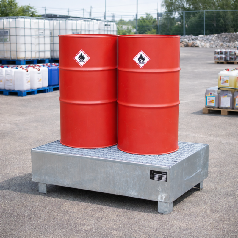 Bac de rétention industriel pour stockage sécurisé de fûts et produits chimiques